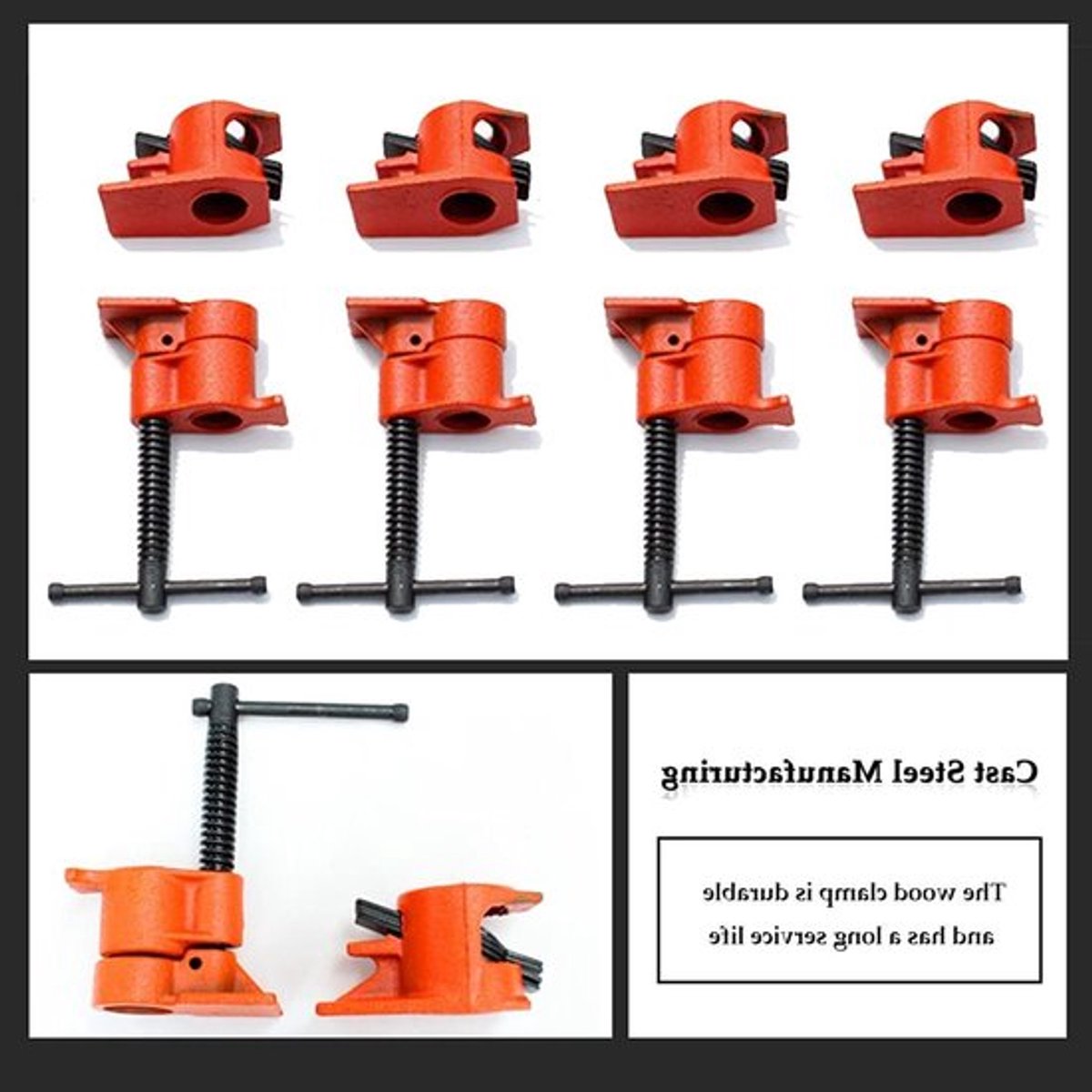 Set van 4 H-vormige Schroefklemmen voor Hout, 1/2 Inch, Robuuste Gietijzeren Constructie, Ideaal voor Timmerwerk, Werkbank en Verbindingen