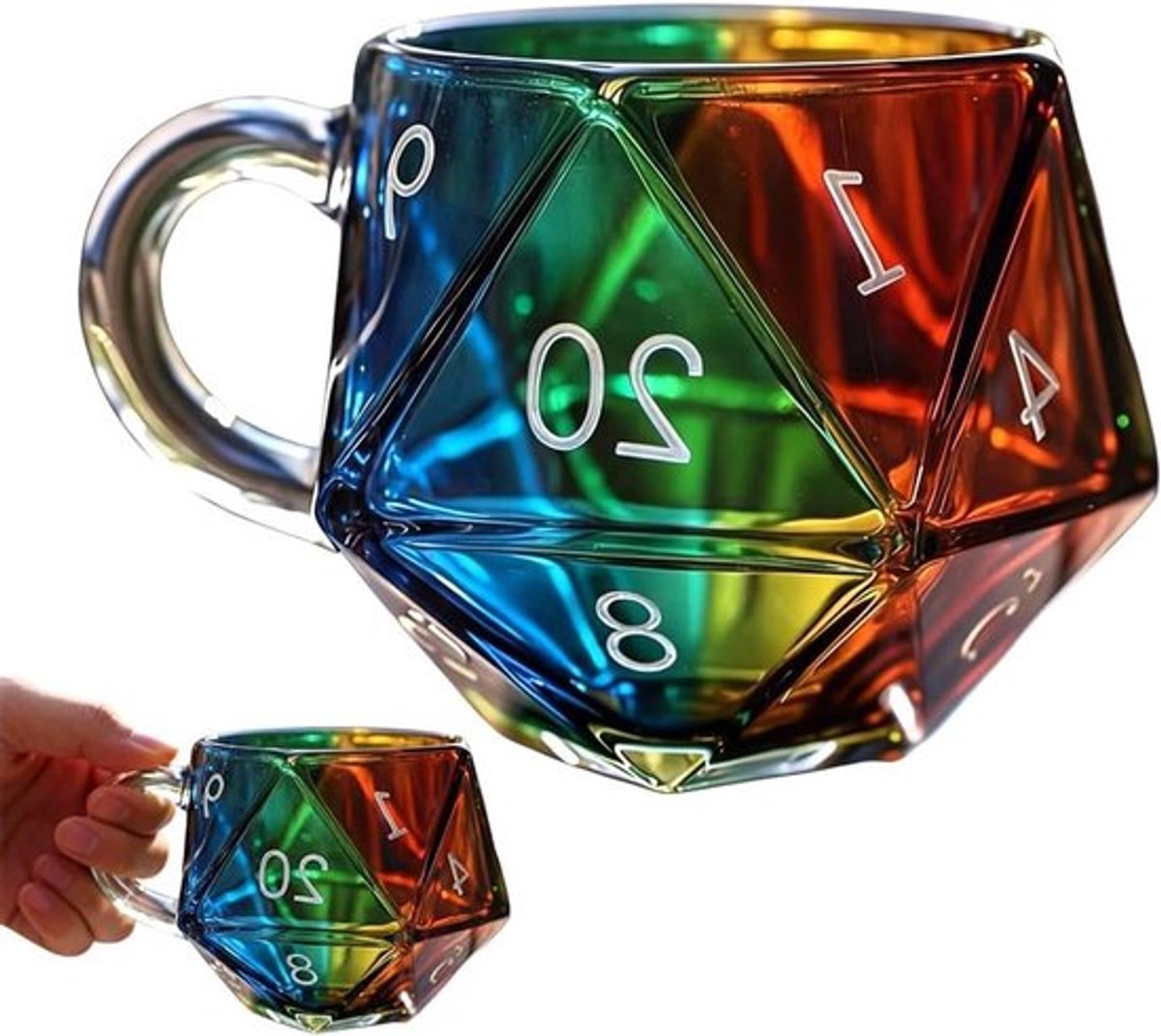 Koffiemok met Polyhedrale Dobbelstenen, 400 ml, Regenboog Glas, D20, Voor Fantasy Liefhebbers, Origineel Cadeau voor Spelers en Drinkliefhebbers