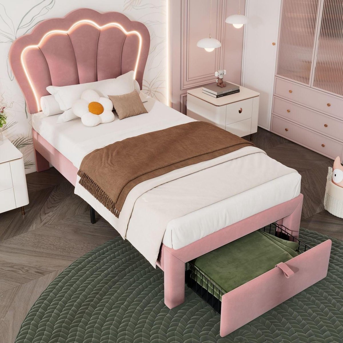 Kinderbed Gestoffeerd - Eenpersoonsbed Laden - Slaapkamer Inrichten - Verstelbaar Hoofdeinde - 90 x 200 cm - Roze