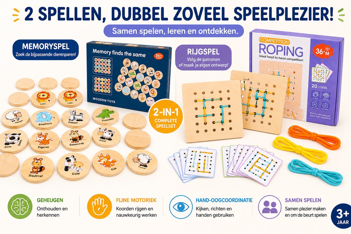 FAMPHOS Montessori Speelgoed vanaf 3 Jaar – 2-in-1 Houten Memoryspel en Rijgspel – Educatief Speelgoed voor Geheugen, Concentratie en Fijne Motoriek — afbeelding 8