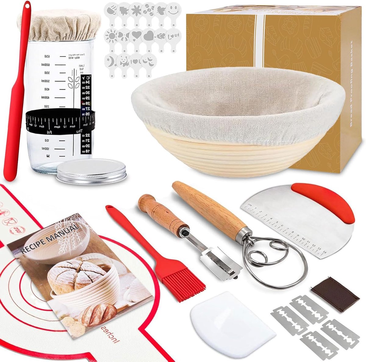 SnelShoppen - 25-delige set gaarmandjes incl. moedergist | rotan gaarmand 23 cm ovaal & ronde vormen | complete broodbakset voor zuurdesembrood, stokb