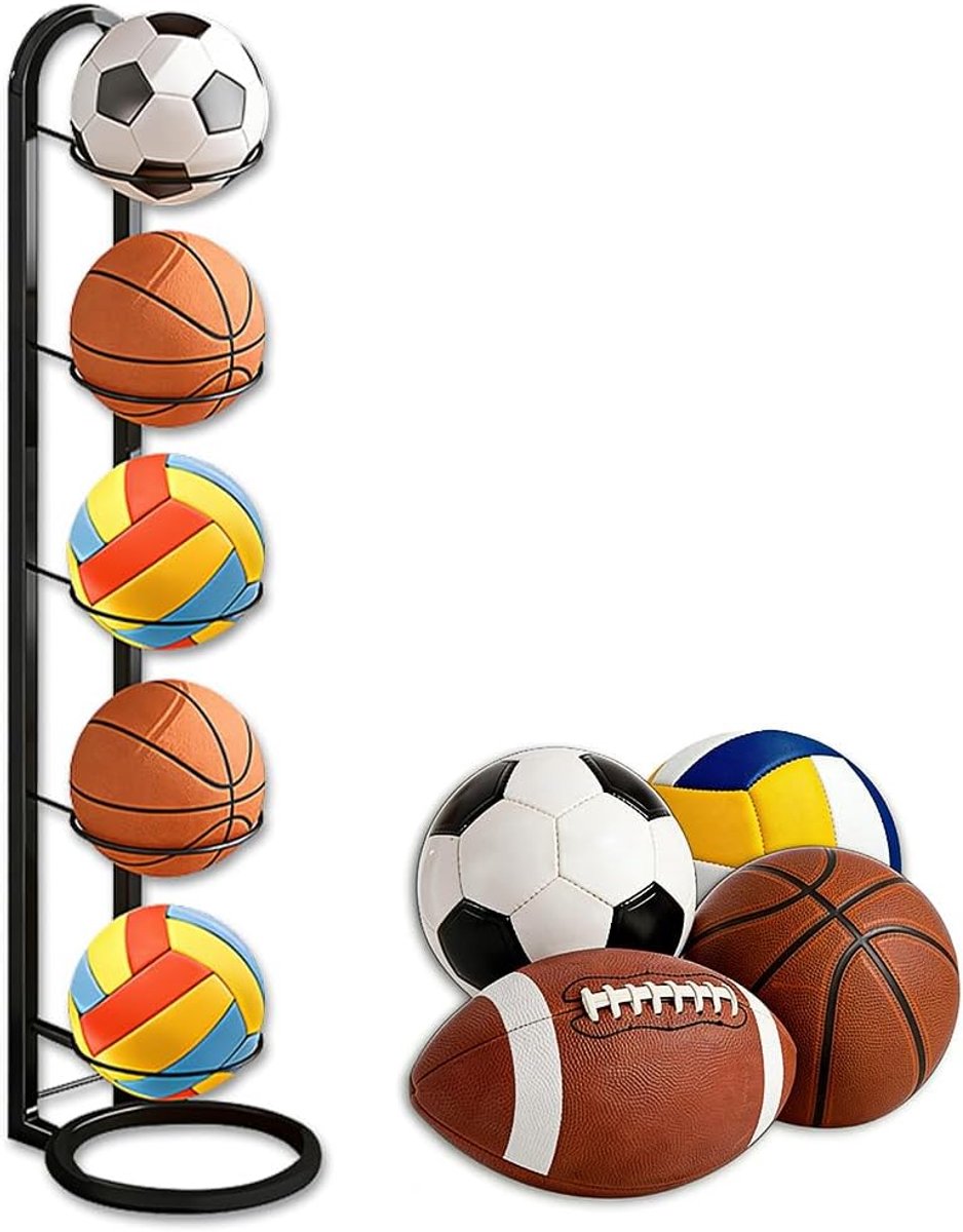 SnelShoppen - 5-Stufige Ballständer, Basketbal Opbergrek, Verticaal Ballenrek, Afneembaar Staand Rek, Geschikt voor Basketbal, Volleybal, Voetbal, Zwa