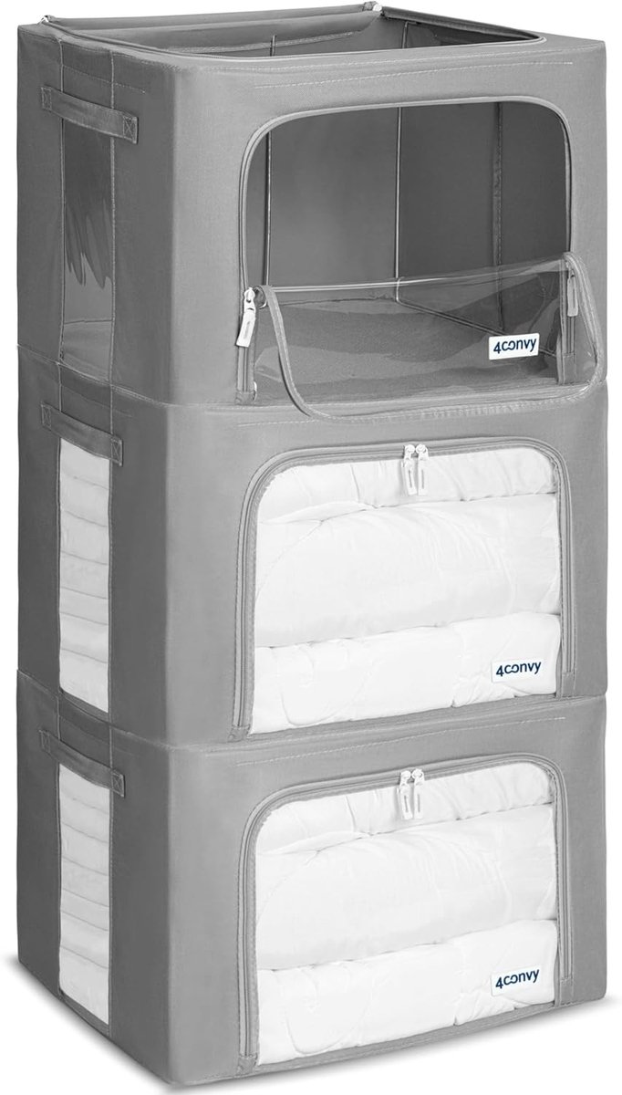SnelShoppen - Kledingopslag Kledingbox met Ritssluiting, Metalen Frame, Grote Opvouwbare Stapelbare Opbergdoos, 3 x 66 L Opbergvakken voor Dekbed en K