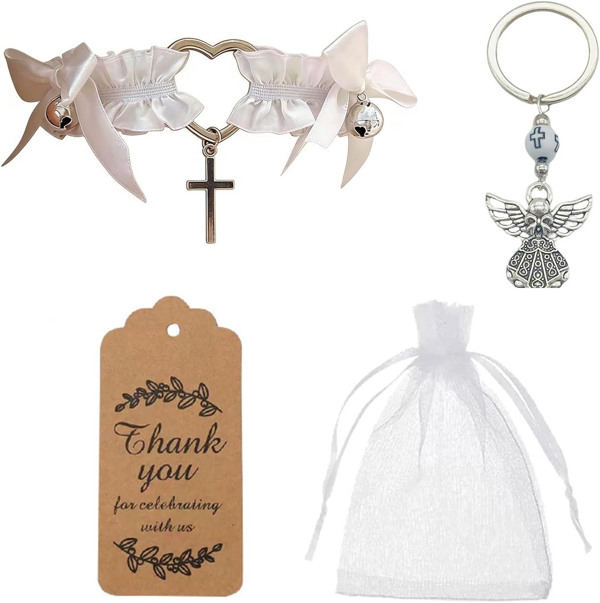 Elegante kousenband voor de bruid met hartband, inclusief wenskaart en engel-sleutelhanger, perfect huwelijksaccessoire en trouwcadeau voor een onvergetelijke dag
