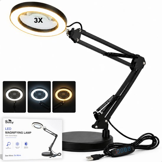 Boncy® Premium Loeplamp met LED Verlichting - Staande Loep Vergrootglas - Verstelbare Looplamp op Standaard - Hobbylamp Borduurlamp - Dimbare Tafelloep met USB Snoer - Tafel Loeplampen - 3x Vergroting - 3 Kleurmodi