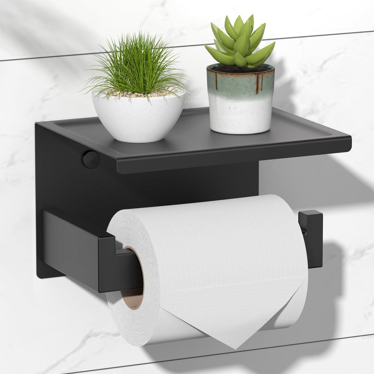 SnelShoppen - Toiletpapierhouder zonder boren, zelfklevende wc-rolhouder met plank, roestvrij staal, wandmontage, zwart voor badkamer en toilet