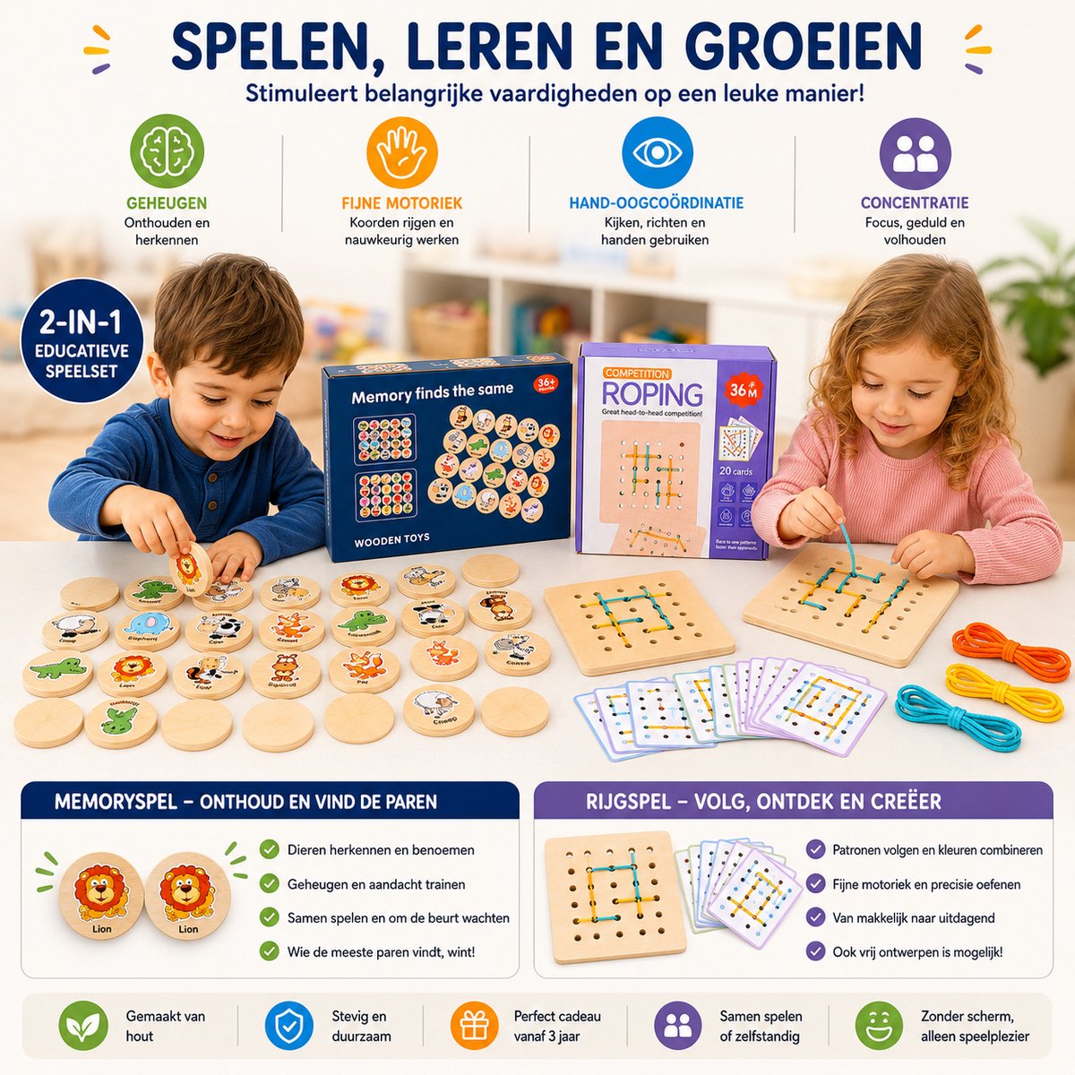 FAMPHOS Montessori Speelgoed vanaf 3 Jaar – 2-in-1 Houten Memoryspel en Rijgspel – Educatief Speelgoed voor Geheugen, Concentratie en Fijne Motoriek — afbeelding 6