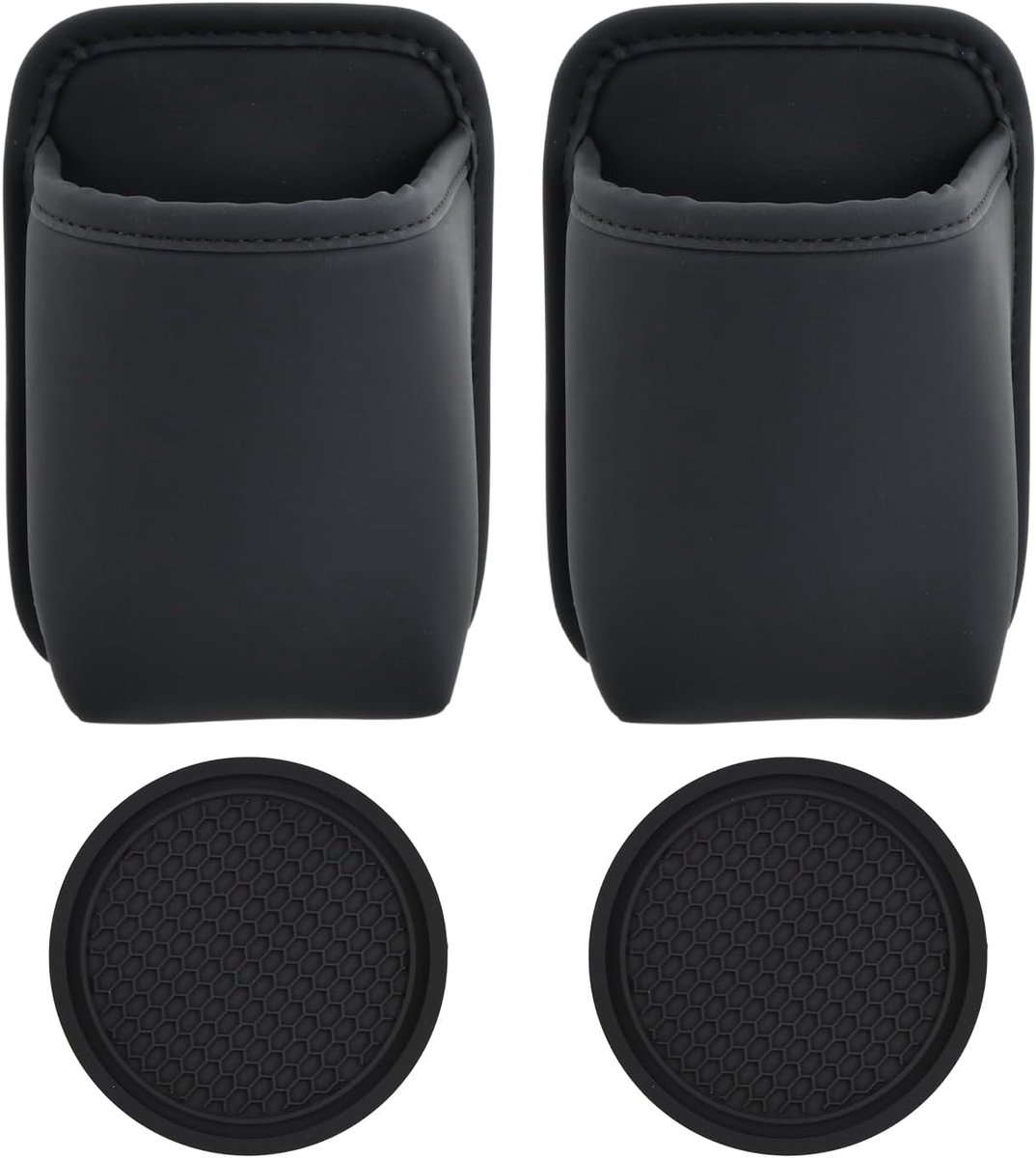 SnelShoppen - Autobekerhouderset 2 stuks + 2 onderzetters zwart | Voor dranken en mobiele telefoon, klembevestiging, past op deur, stoel of ventilatie