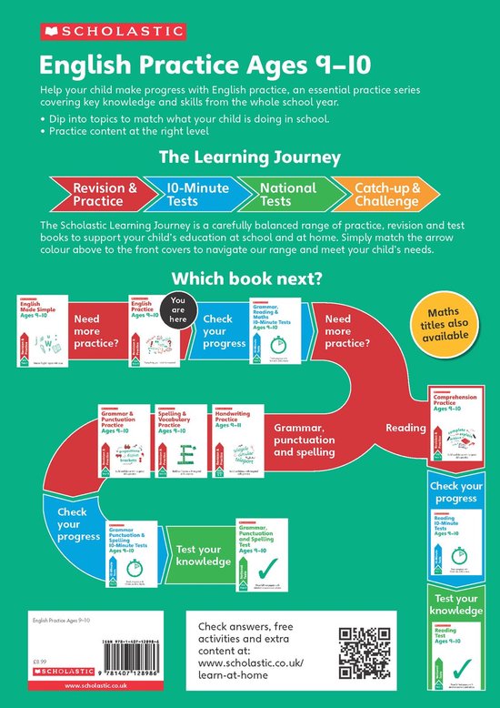 Scholastic Engels Oefenen, Leeftijd 9-10. Een "Learning Journey" met "Revision & Practice", "10-Minute Tests", "National Tests", "Catch-up & Challenge".