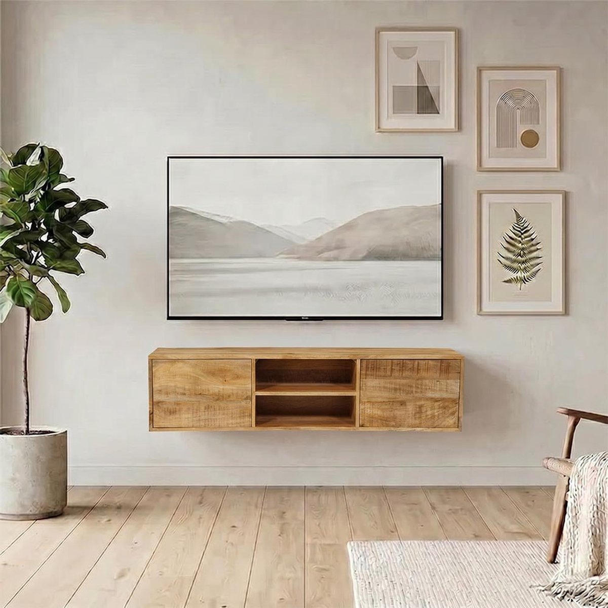 Mangohouten TV Meubel zwevend Harlow 150 cm met 2 deuren Mahom Industrieel - TV Meubel van Mangohout & Metaal - Industriële TV Meubel