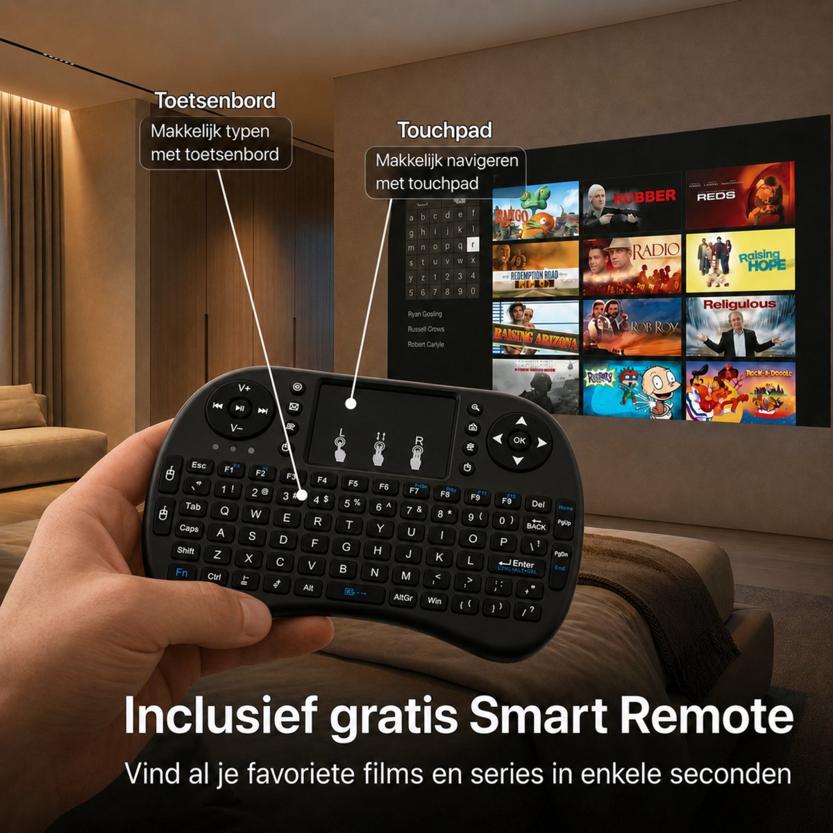 Zoomly® Pro MAX+ Mini Beamer – 700 ANSI Lumen – Thuisbioscoop Beamer met Android 14, WiFi 6 & Bluetooth 5.4 – Full HD 1080p – Ondersteunt 4K – Gratis Smart Remote thumbnail 5