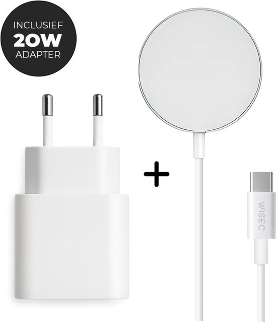 Witte MagSafe oplader met 1.5 meter USB-C kabel en 20W adapter.