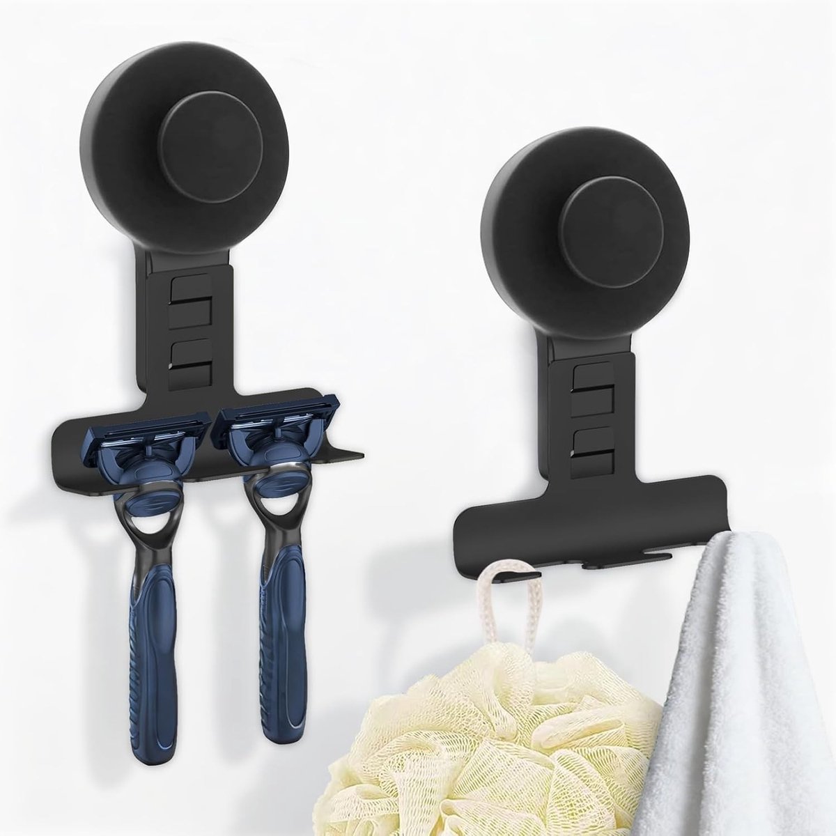 Houder voor Douche en Badkamer - RVS Schoonmaakshaver Beugel, Handige Haak voor Handdoeken, Make-up en Scheerapparaten, Eenvoudig te Monteren en Demonteren, Zwart (Set van 2)