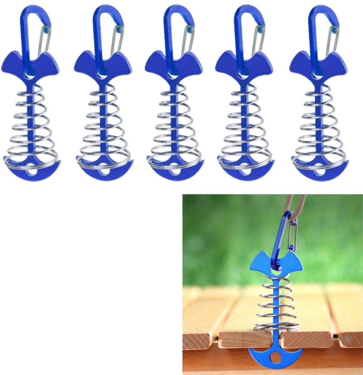 5 stuks - Vaste tentharingen - Visgraatvormige dekankers - Aluminium tentgrondpinnen - Draagbare windkoordankers - Kampeertentenharingen - Windbestendig - Tentaccessoires - Met karabiners - 77×36mm - Blauw - Geschikt voor tenten en zeilen
