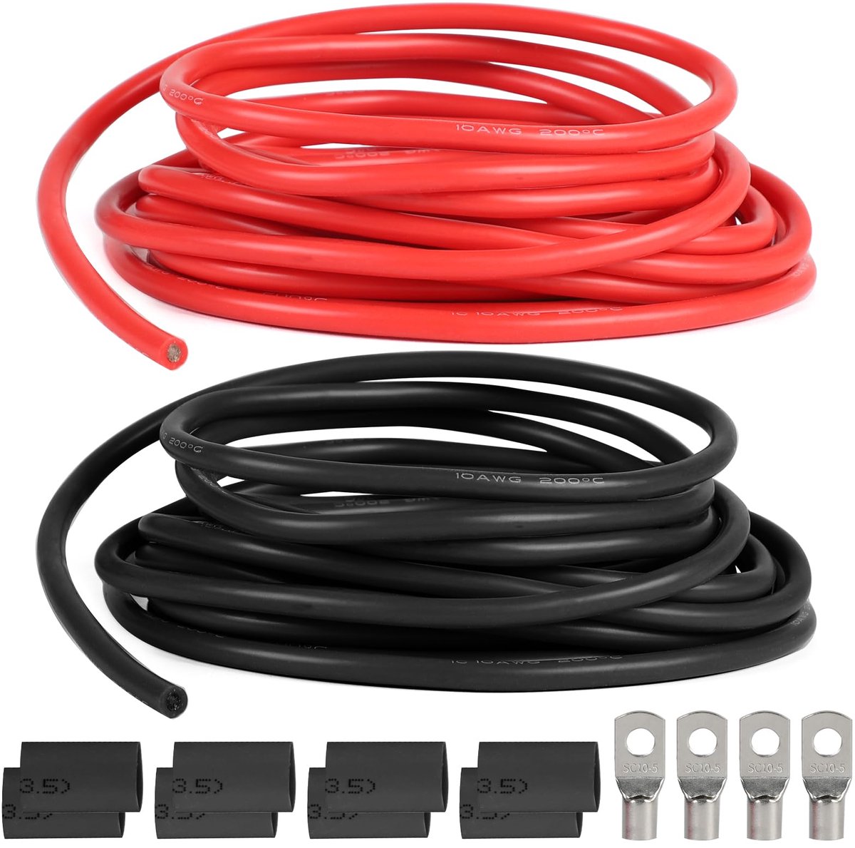 SnelShoppen - SWAWIS Kabel autobatterij 10AWG 6 mm² siliconen elektrische kabel 5 m zwart 5 m rood vertind koperdraad 1050 draden voor auto, caravan,
