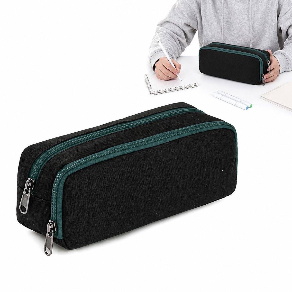 VHV - Etui - Grote Etui voor School - Ruime Pennenzak voor Jongens en Meisjes - Organizer voor Schrijfwaren - Voor Middelbare School - Zwart [Groene rits]