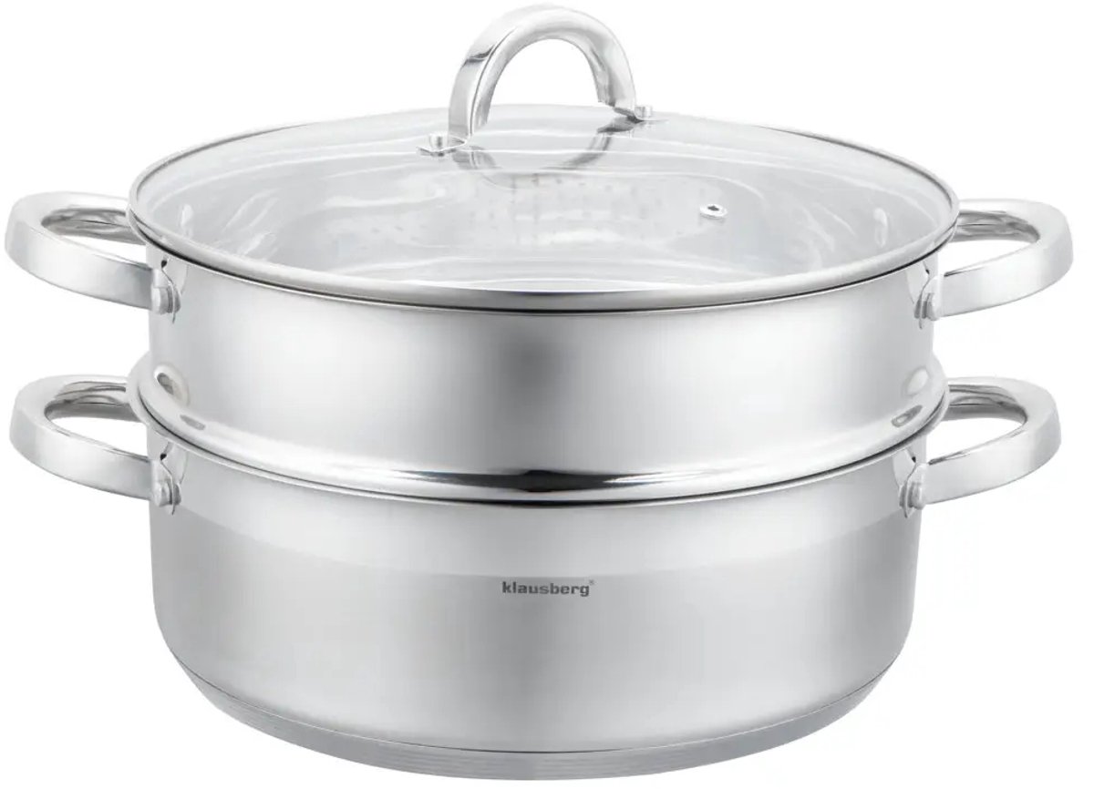 Klausberg - Stoompan - 3-delige RVS Stoomkookset - Stoominzet - Glazen Deksel - Inductie - Gas - Elektrisch - RVS - 6 Liters - 28 cm - Zilver