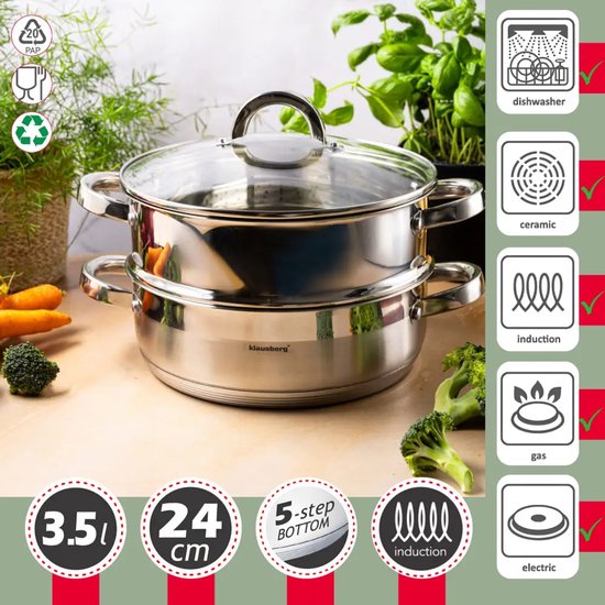 RVS stoompan met glazen deksel, omringd door wortels en broccoli. Geschikt voor inductie, gas en elektrisch. 3.5L, 24cm.