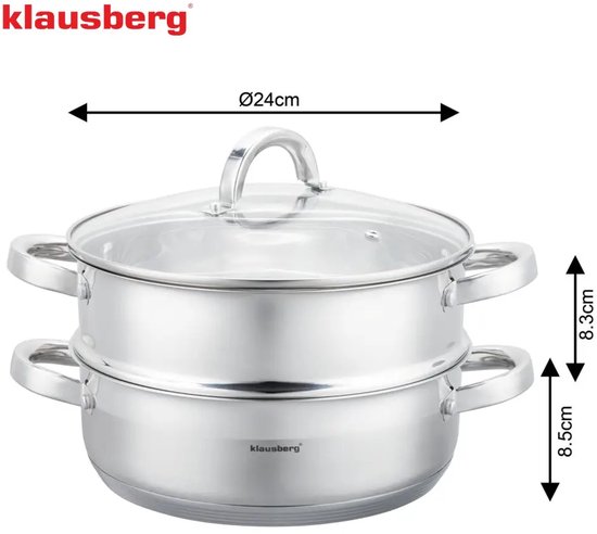 Zilverkleurige RVS stoompan met glazen deksel en handvatten. Diameter 24cm. Hoogte: 8.3cm en 8.5cm.