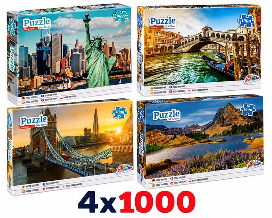 Vier puzzels van 1000 stukjes: New York skyline met Vrijheidsbeeld, Venetië met Rialtobrug, Londen met Tower Bridge en een berglandschap.