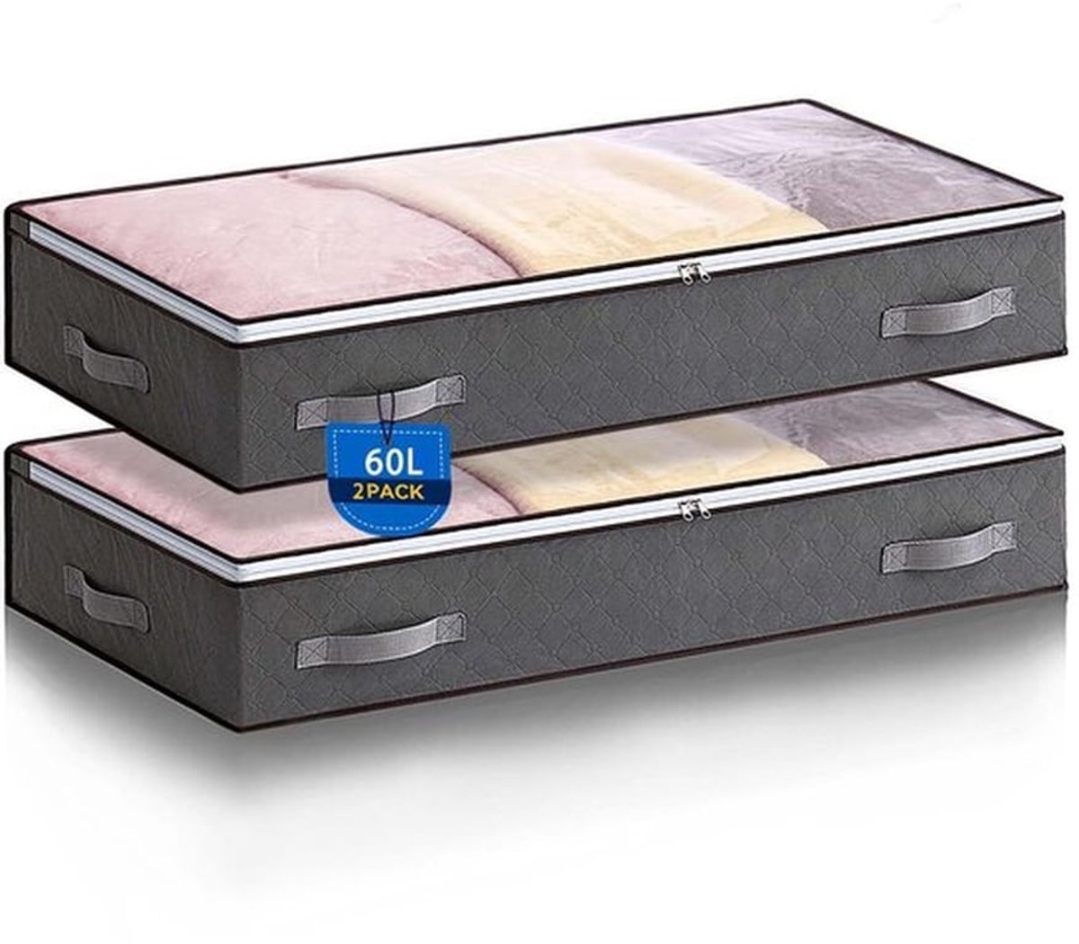 Opbergzakken 60L - Opbergtas voor onder bed - Opbergdozen met deksel - Versterkt handvat - Opvouwbaar - Hoge kwaliteit non-woven stof