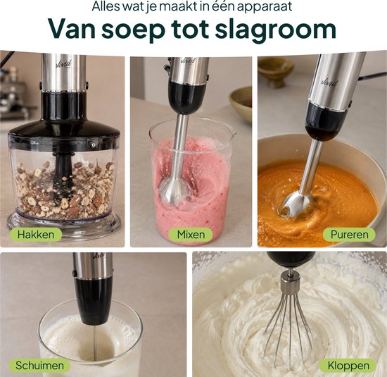 6-in-1 Staafmixer 1000W - Set - Hakmolen - 12 Snelheden - Incl. Melkopschuimer & Maatbeker - RVS - Vivid Green van MOA — afbeelding 5