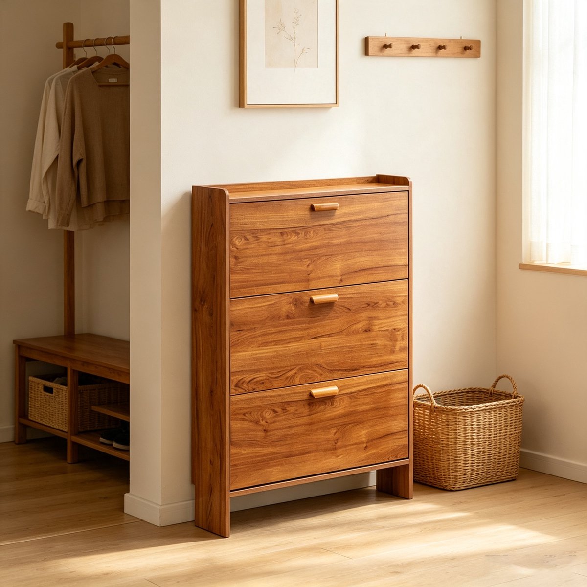 Deze ultradunne walnootkleurige opklapbare schoenenkast heeft drie opklapbare deuren en planken Dankzij het smalle ontwerp is hij geschikt voor gangen kleine appartementen en woningen Afmetingen 100*17*115 cm