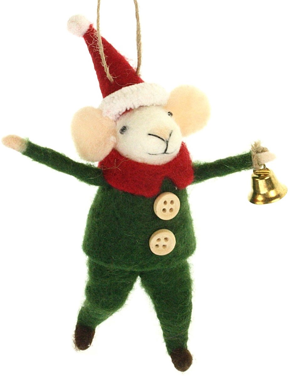 Muis met kerstbel hangend vilt 4,5x8,5x14cm