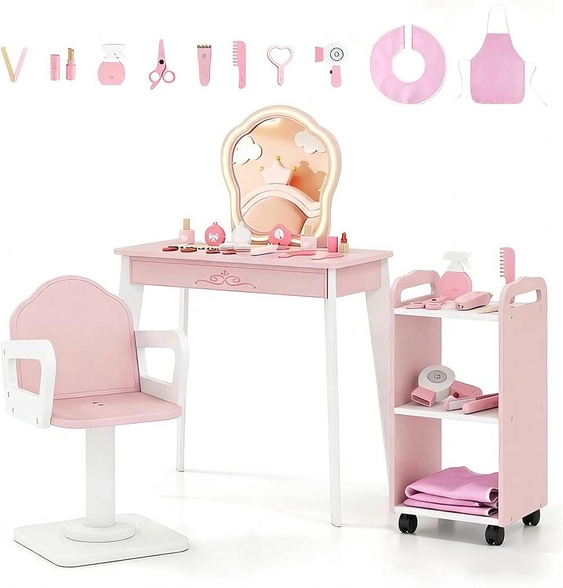 KOMFOTTEU Kaptafel voor kinderen - kaptafel met draaistoel - kapperswagen en 10 accessoires - afneembare led-make-upspiegel met 3 lichtkleuren en instelbare helderheid - make-uptafel voor meisjes vanaf 3
