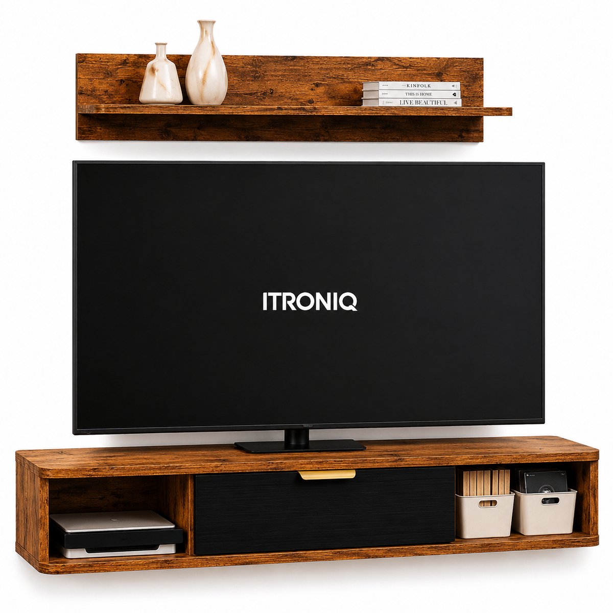 ITRONIQ TV Meubel Met Wandplank - Modern Woonkamermeubel - TV Kast Met Opbergruimte en Kabelgaten - 120 CM - Hout Eiken Zwart Eiken Hout Zwart