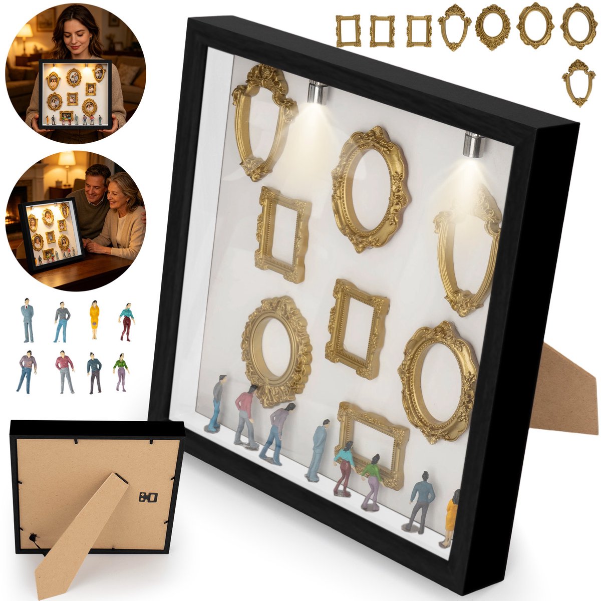 DIY Miniatuur Museum Vitrine Met LED-Verlichting - 8 Fotolijstjes 8 Figuurtjes Vrije Indeling - Creatief Cadeau Voor Jubileum Afstuderen En Nieuwe Begin - Zwart
