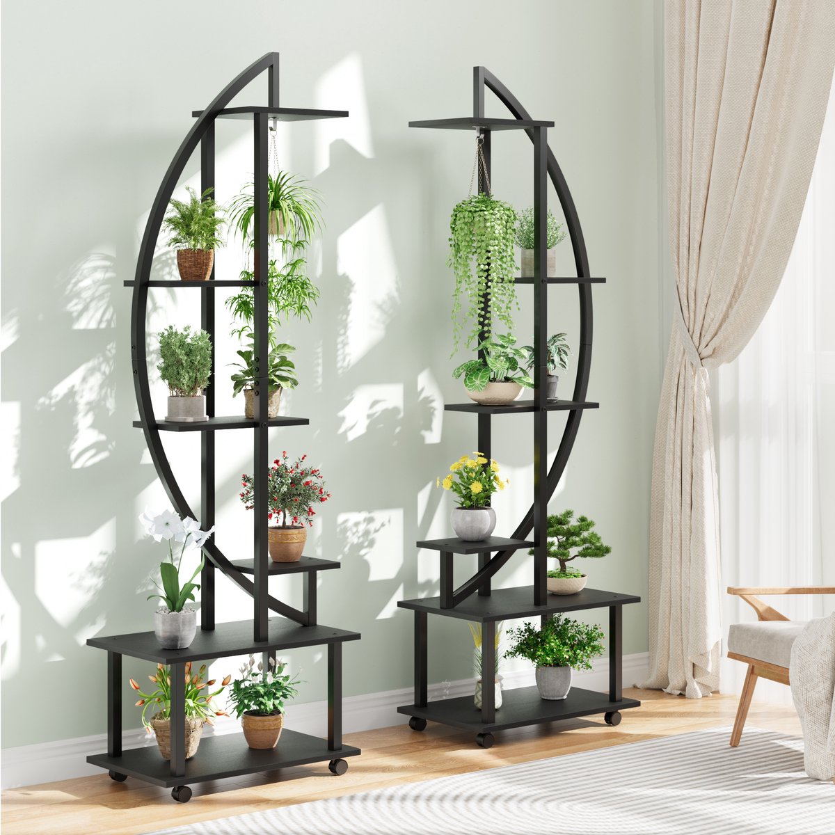 Plantenstandaard 6 Lagen 2 Stuks - 56x30x175cm - Hoge Plantenrek Met Wieltjes - Metalen Hoekplank - Stevige Ronde Houder - Voor Woonkamer Balkon - Zwart
