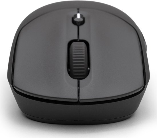 Zwarte HP muis met scrollwiel en twee knoppen.