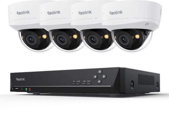 Vier witte Reolink domecamera's boven een zwarte Reolink NVR-recorder.