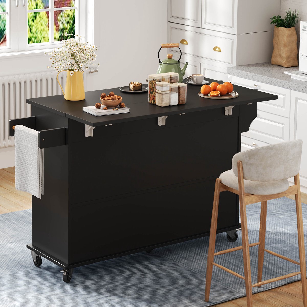 Keukentrolley - met mobiel ontwerp en inklapbaar werkblad en opbergruimte - zwart - afmetingen 120 x 70 x 95 cm - voor een praktische keuken