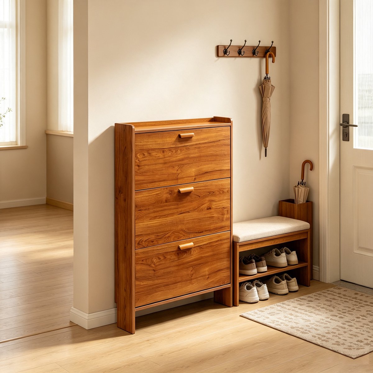 Deze ultradunne walnootkleurige opklapbare schoenenkast heeft drie opklapbare deuren en planken Dankzij het smalle ontwerp is hij geschikt voor gangen kleine appartementen en woningen Afmetingen 80*24*115 cm