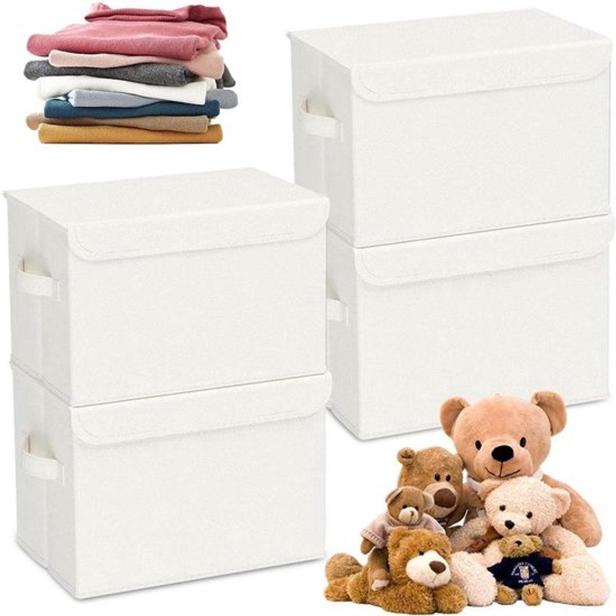 Opbergdozen met Deksels - Grote Opbergmanden voor Kleding en Slaapkamer Organisatie - Gemakkelijk Schoon te Maken - Set van 4 - 38x24x24 cm - Wit.