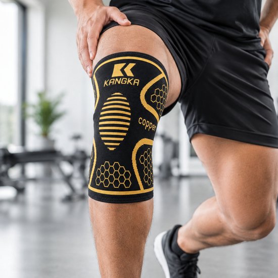 Zwarte KANGKA kniebrace met gouden accenten, honingraatpatroon en ovaal met strepen. Een man draagt de brace tijdens het sporten.