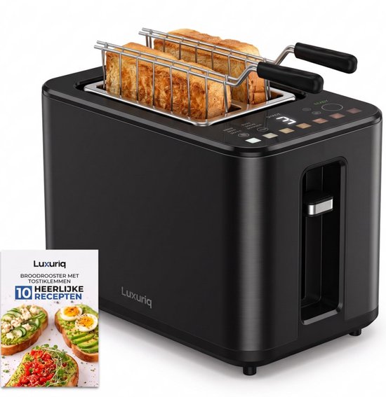 Zwarte Luxuriq broodrooster met 7 warmteniveaus, 6 programma's en LED-scherm. Twee sneetjes brood roosteren.