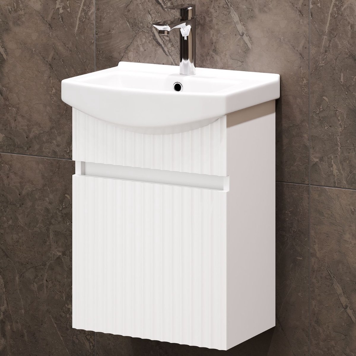 Planetmöbel WEGA Wastafelonderkast 45 cm met Keramische Wastafel – Wit Mat – Soft-Close – Ruimtebesparend