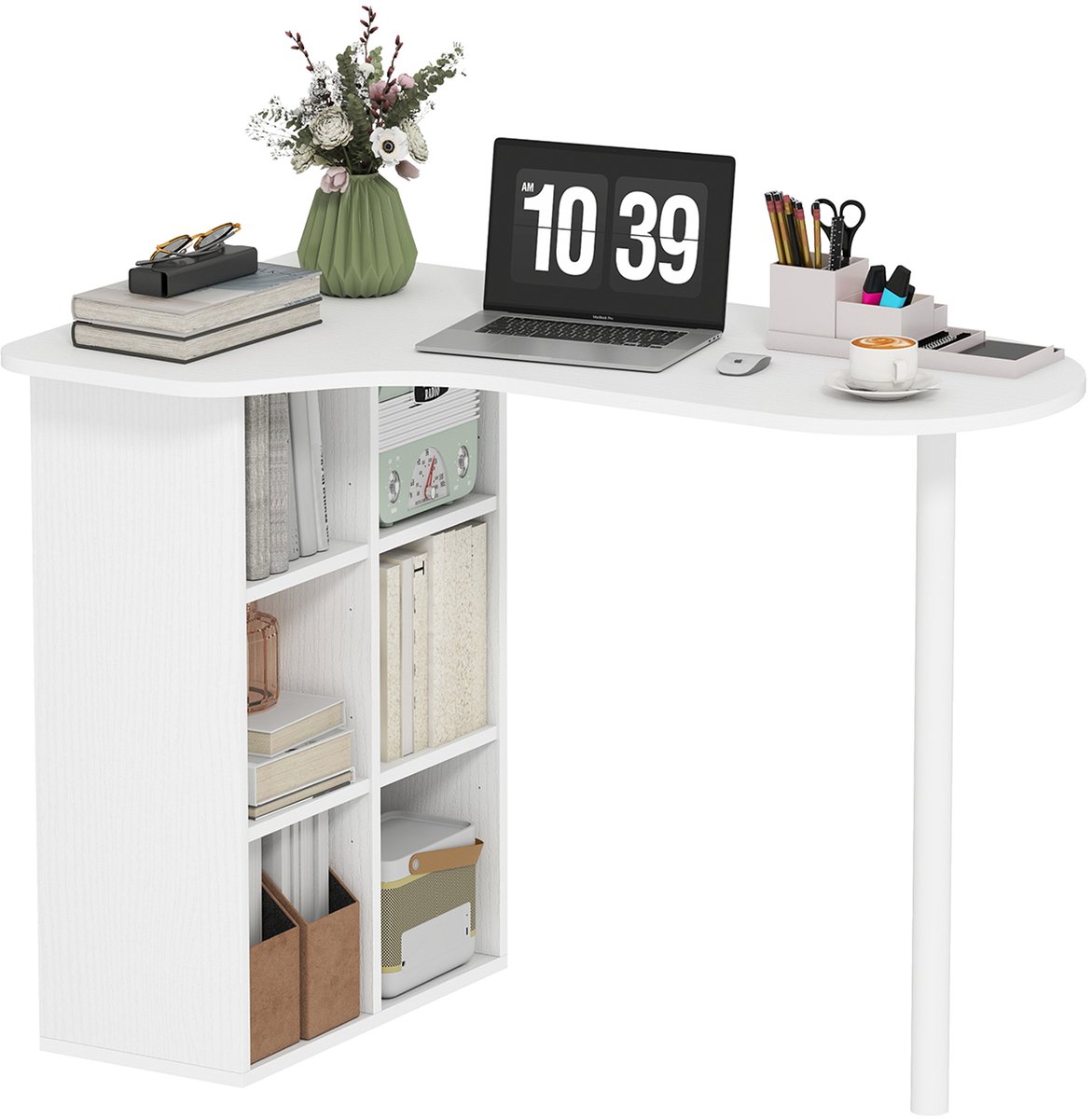 Gebogen computertafel — L-vormige hoektafel — voorzien van 6 vakken — 4 verstelbare legplanken en een stalen frame — wit