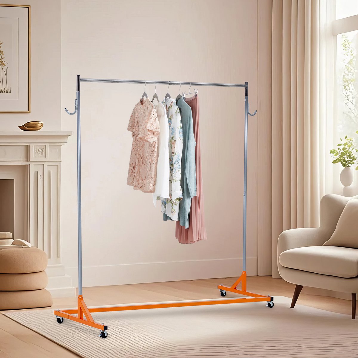 Kledingrek Met Zijhaken - 165x61x180cm - Z-Vormig - Metalen Kledingstandaard - Stofkap - Ruimtebesparend - Halrek Met Remwielen - Voor Woonkamer En Winkel - Oranje