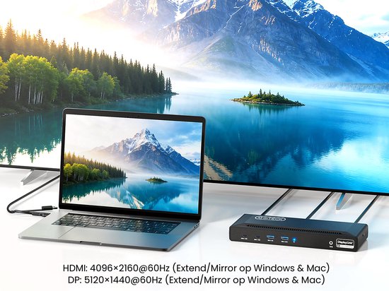 Een laptop en televisie verbonden met een M-TECK dockingstation, in een landelijke setting met een bergmeer.