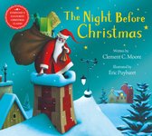 Kerstman zit op een schoorsteen met een zak cadeautjes, met de titel 'The Night Before Christmas'.