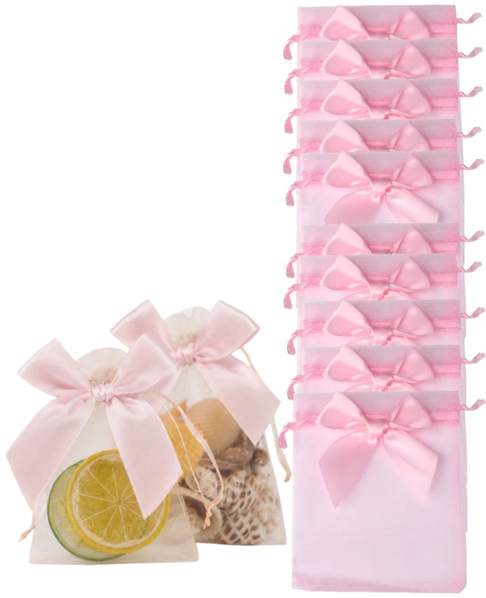 Luxe organza zakjes met strik- Roze feestzakjes - snoepzakjes - cadeau zakjes - geboorte - sieradenzakjes - trekkoord met strikje-10 stuks-10x15cm