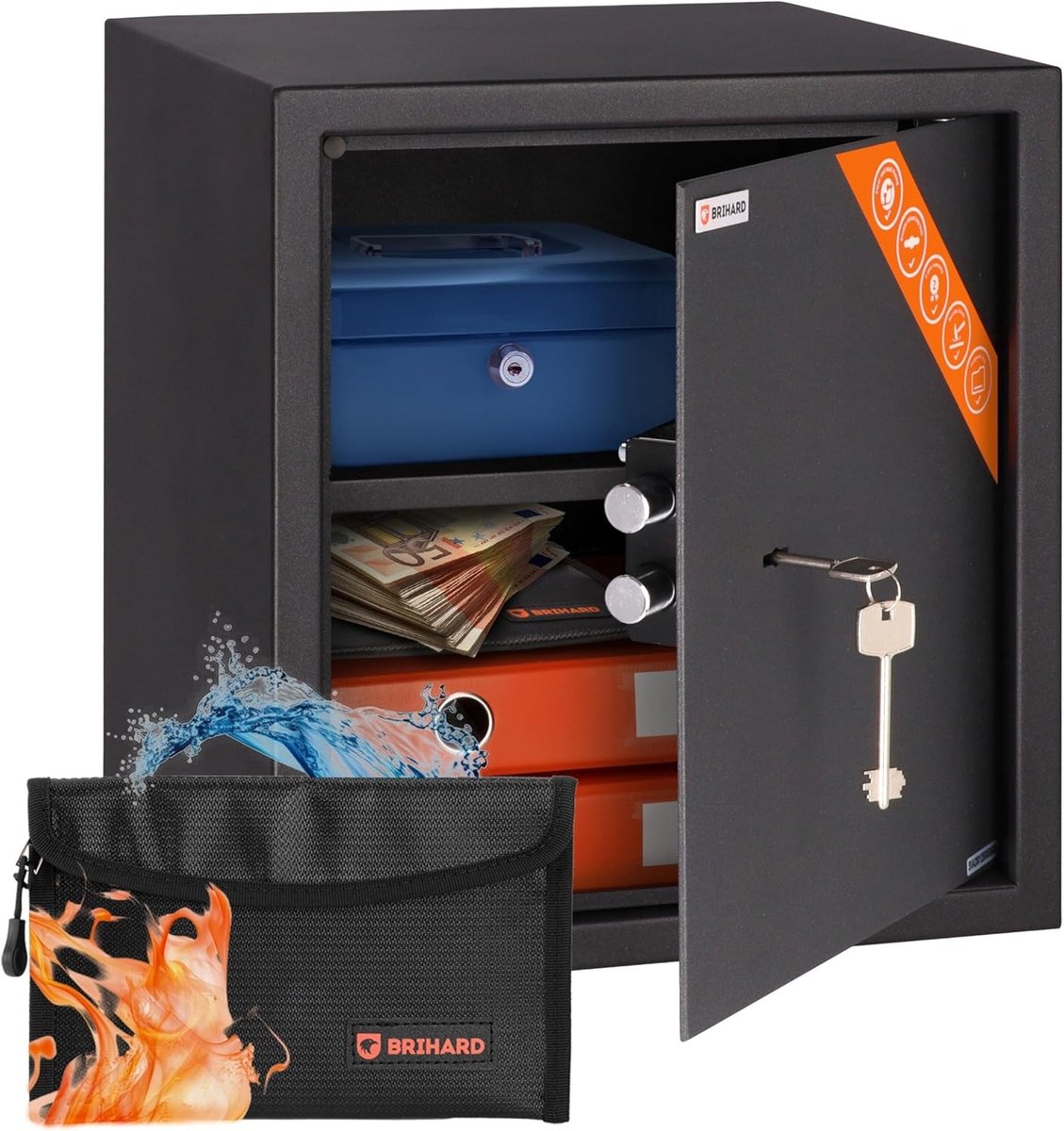 Business Sleutelslot Kluis - Zwart - 40 x 38 x 38 cm - Brandwerende Documentenkluis met Verwijderbare Plank - Voor Geld en Sieraden