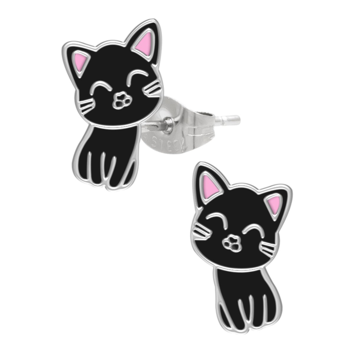 Kinderoorbellen Meisjes – Oorstekers Zwarte Kat – 316L Chirurgisch Staal – Katten Oorbellen met Roze Details – 11 mm
