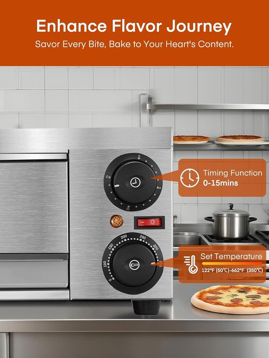 Professionele Pizzaoven 2000W - Elektrische Horeca Pizzaoven - 12 Inch - Tot 350°C - RVS - 15 Minuten Timer - Voor Pizza, Brood en Gebak — afbeelding 2