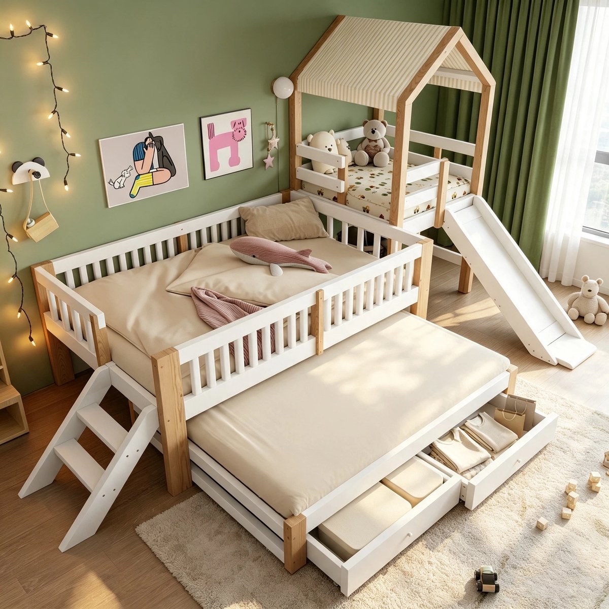 Kinderbed 90X200, Met Uitschuifbaar Bed 90X190, Huisvormig Kinderbed Met Glijbaan, Met Zijtrap, Met Lades, Stapelbed Met Massief Houten Frame En Stoffen Dak-Natuurlijk