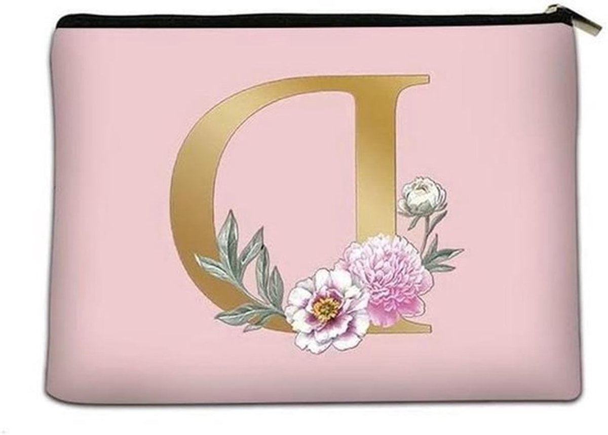 Make-uptas - Roze - Waterdicht - Bloemen - Vrouwen - Gepersonaliseerde roze make-uptas, bloemenbrief, A-Z, waterdichte make-uptas of make-uptas voor vrouwen, bruidsmeisje, cadeaus voor verjaardag, bruiloft.